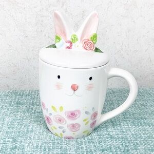 Hoppers Lane White Bunny Ears Mug With Lid Easter Spring Floral Rabbit